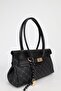 Women's Monogram Black Leather Belted Charm Detailed Covered Hand and Shoulder Bag 16X30 cm Pera - 3