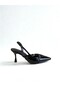Black Patent Leather Pointed Toe Heeled Shoes with Thin Belt Detail - 2