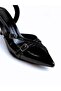 Black Patent Leather Pointed Toe Heeled Shoes with Thin Belt Detail - 4