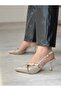 Beige Patent Leather Pointed Toe Heeled Shoes with Thin Belt Detail - 7