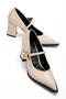 Gold Buckle Black Leather Heeled Women's Shoes Beige