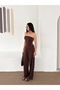 Women's Brown Asymmetrical Cut Slit Detail Gathered Strapless Blouse Waist Elastic Band Pants Bottom Top Set