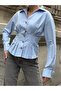 Women's Corset Detailed Gold Buttoned Blue Shirt - 4