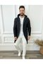 Men's Black Smoked Hooded Knitwear Cardigan - Smoked Long Cardigan with Honeycomb Knit Detail