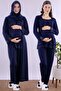 Effortt - Comfortable Cut Long Robe Maternity Pajama Set with Hijab - Navy Blue