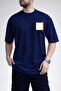 Men's Chest Printed Navy Blue T-Shirt with Black Square and Orange Line Detail - 2