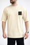 Men's Chest Printed Black T-Shirt with Square and Orange Line Detail in Beige