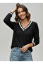 Women's Black V-Neck Stripe Detailed Waffle Knitted Blouse