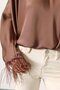 Women's Satin Blouse with Back Tie and Feather Detail, Brown - 5