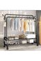 Double Rail Heavy Duty Garment Rack with 2-Tier Shoe Storage & Wheels