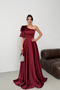 Burgundy One-Shoulder Floral Detail Long Satin Evening Dress
