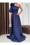 Navy Blue One Shoulder Floral Detailed Long Satin Evening Dress - 4