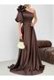 Coffee One Shoulder Floral Detailed Long Satin Evening Dress - 4