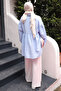 Baby Blue Elastic Sleeves Buttoned Front Ribbed Tunic - 4