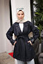 Navy Blue Double-Breasted Collared Jacket with Pockets and Belt
