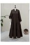 Elastic Cuff Panelled Long Muslin Dress - Dark Brown - 2