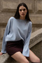 Women's Blue Crew Neck Balloon Sleeve Oversize Knitwear Sweater - 3