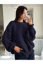 Women's Navy Blue Thessaloniki Knitted Crew Neck Oversize Balloon Sleeve Knitwear Sweater