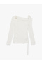 Slim Fit Ruffled Rose Appliqué Detailed Gathered Long Sleeve Boat Neck Blouse - 4