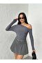 Women's Gray One-Shoulder Open Long Sleeve Sandy Fabric Knitted Blouse - 7