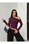 Women's Plum One-Shoulder Open Long Sleeve Sandy Fabric Knitted Blouse - 7