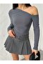 Women's Gray One-Shoulder Open Long Sleeve Sandy Fabric Knitted Blouse
