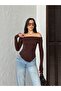 Women's Bitter Brown Asymmetrical Cut Asymmetrical Sleeve Sandy Fabric Madonna Collar Blouse - 5