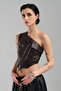 Women's Leather One-Shoulder Zipper Detailed Design Crop Blouse - 2