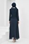 Navy Blue Asymmetrical Detail Embellished Evening Dress - 5