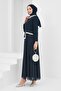 Navy Blue Asymmetrical Detail Embellished Evening Dress - 4