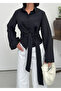 Women's Black Double-Breasted Shirt with Tie Detail - 5