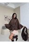 Women's Gold Button Detailed Belted Standard Size Oversize Trend Short Poncho 4837 - 5