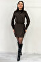 Women's Padded Long Sleeve Belted Mini Dress Black, Brown - 4