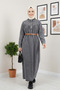 Women's Belted Buttoned Gray Denim Hijab Dress - 3