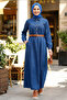 Women's Belted Buttoned Dark Blue Denim Hijab Dress - 2
