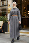 Women's Belted Buttoned Gray Denim Hijab Dress