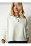 Women's White Shepherd Stitching Detailed Crew Neck Soft Texture Crop Knitwear Sweater - 6