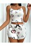 Red Heart Patterned Pajama Set with Bow Detail and Ribbed Shorts