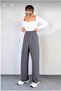 Women's Gray High Waist Velcro Pleated Wide Leg Crepe Fabric Trousers with Pockets - 5