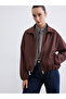 Brown Shirt Collar Oversize Women's Suede Look Jacket - 6