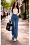Christina Relaxed Stretch Fabric Women's Dark Blue Super High Waist Relaxed-Leg Denim Palazzo Pants - 3