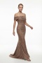 Women's Taupe Boat Neck Beaded Long Evening Dress