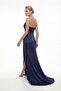 Women's Navy Blue Slim Fit Strapless Neckline Stoned Long Satin Evening Dress - 6