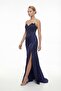 Women's Navy Blue Slim Fit Strapless Neckline Stoned Long Satin Evening Dress - 2