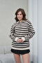 Women's Cream-Brown Striped Half-Zip Waffle Knitted Oversize Sweatshirt - 6