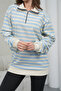 Women's Cream-Blue Striped Half-Zip Waffle Knitted Oversize Sweatshirt - 7