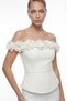 Women's White Boat Neck Floral Detailed Midi Promise Engagement Wedding Evening Dress - 3