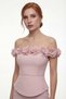 Women's Powder Color Boat Neck Floral Detailed Midi Promise Engagement Wedding Evening Dress - 3