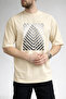 Men's V-Shaped Stripe and Building Image Printed Crew Neck Beige T-Shirt - 2