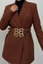 Women's Stylish Double-Breasted Lapel Padded Shoulders Gold Belt Detail Blazer Jacket - 4